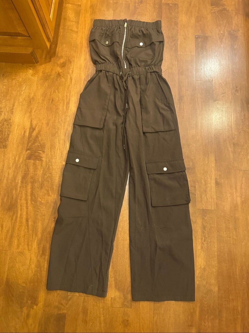 LAMISSCHE Women’s XS Brown Strapless Cargo Jumpsuit Wide Leg Utility